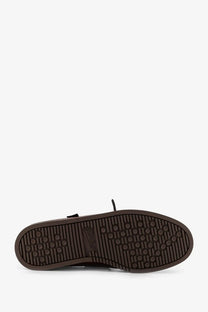 Brown rubber sole with textured pattern and birkenstock brand embossed on paraboot mens leather loafers brown back side