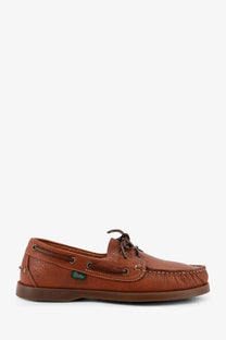 Paraboot men leather loafers miel brown leather boat shoe with dark brown laces and green brand tag