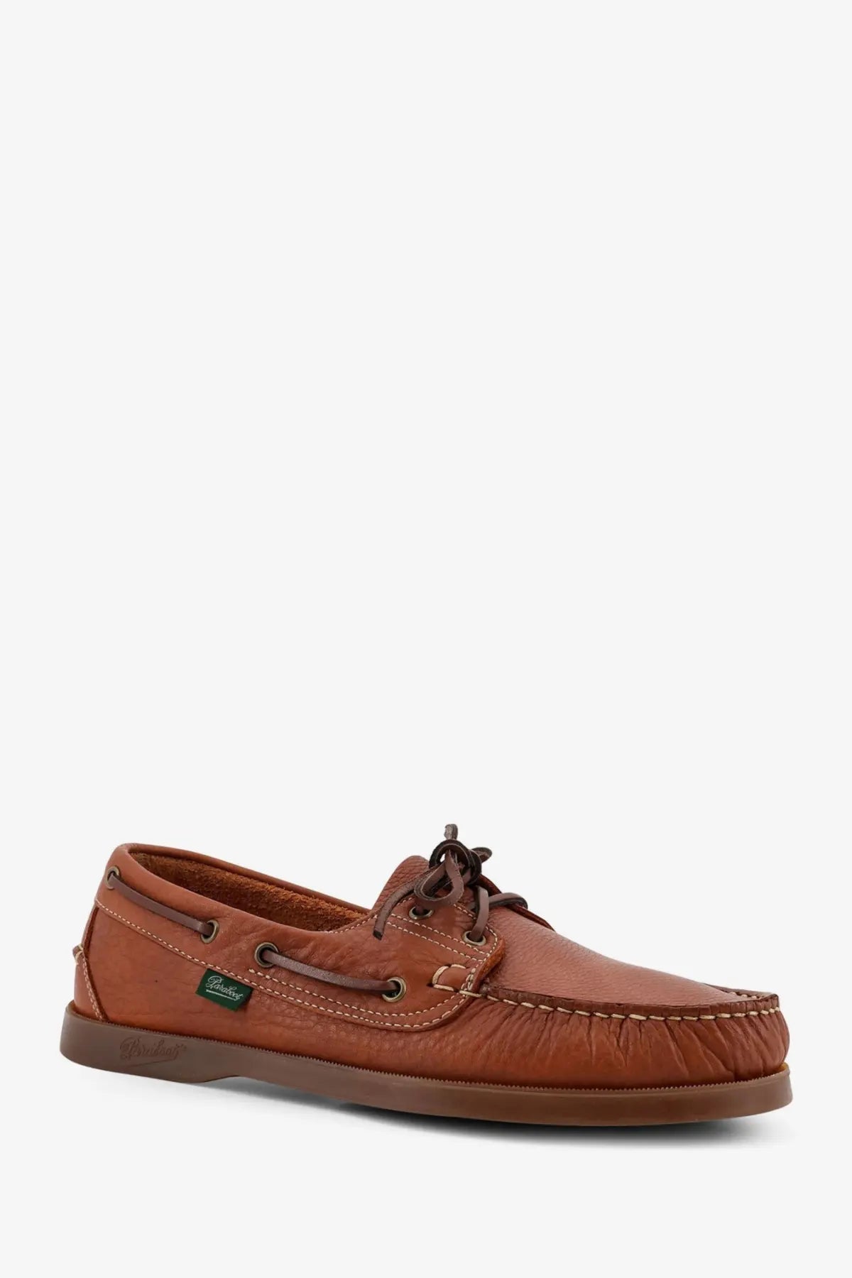 Paraboot men’s leather loafers MIEL brown boat shoe with tan laces and stitched toe cap