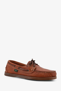 Paraboot men’s leather loafers MIEL brown boat shoe with tan laces and stitched toe cap