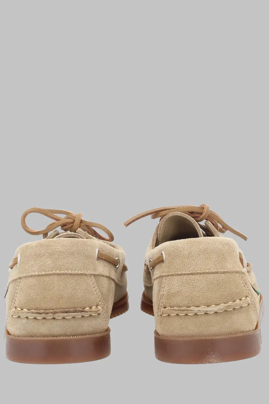 Paraboot men’s mocassino barth beige suede boat shoes with tan laces and brown rubber soles