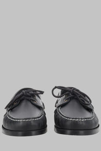 Paraboot men’s mocassino Barth black leather boat shoes with contrasting white stitching and black laces