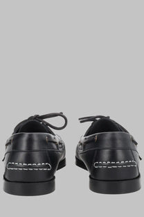 Paraboot men’s mocassino barth black leather boat shoes with white stitching and laces