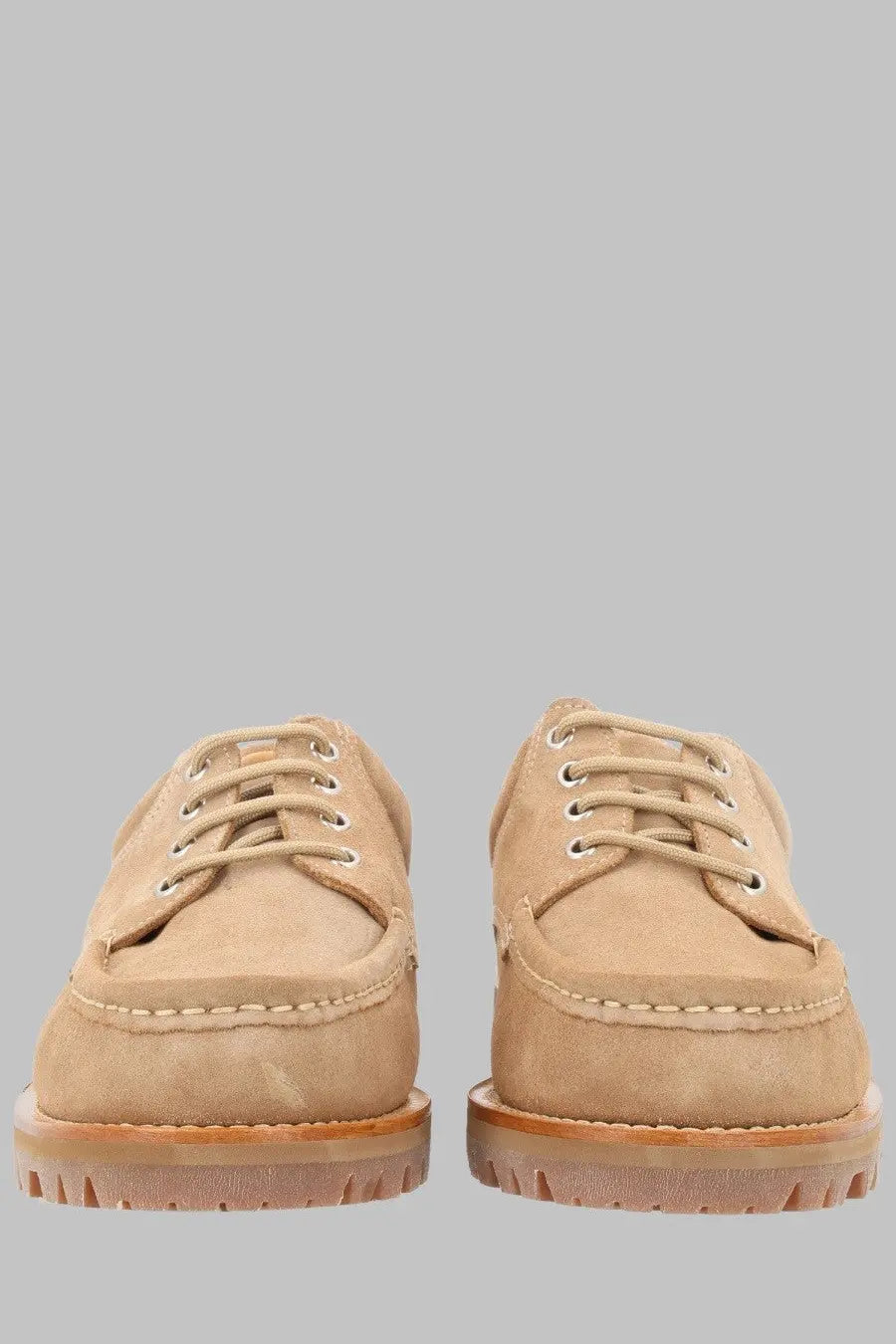 Paraboot men’s mocassino thiers beige tan suede boat shoes with white laces and textured rubber sole front view