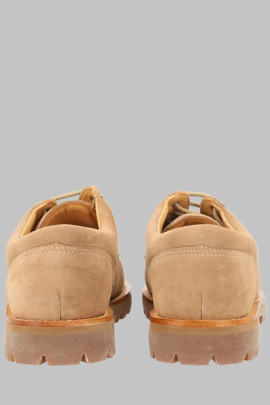 Paraboot men’s mocassino thiers beige tan suede lace-up shoes with chunky rubber sole and light brown stitching