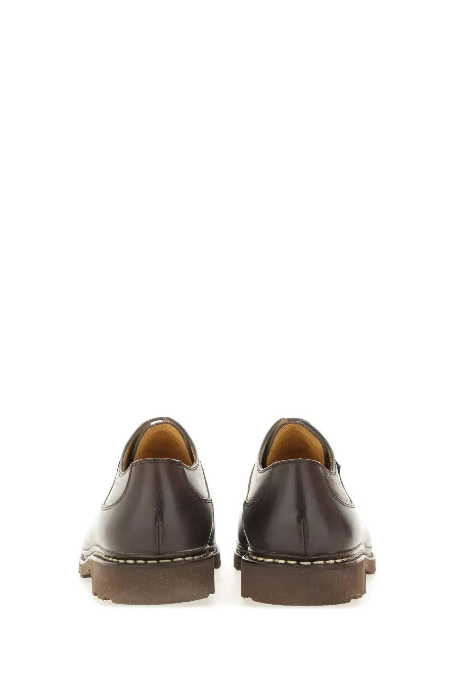 Paraboot men’s moccasin avignon brown dark brown leather oxford shoes with polished finish and white stitching along soles