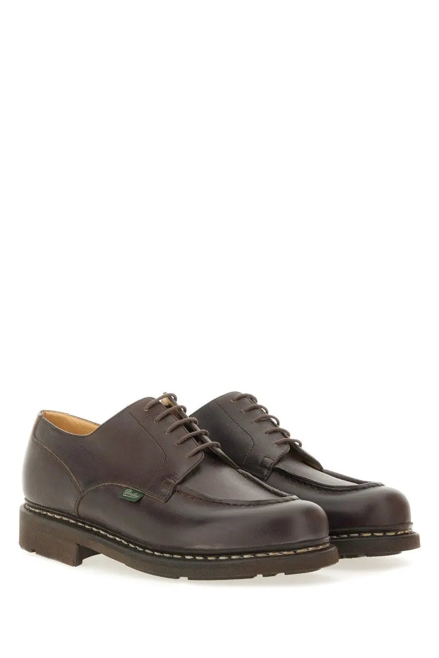 Dark brown leather lace up oxford shoes with classic design and visible stitching by paraboot men’s moccasin chambord brown