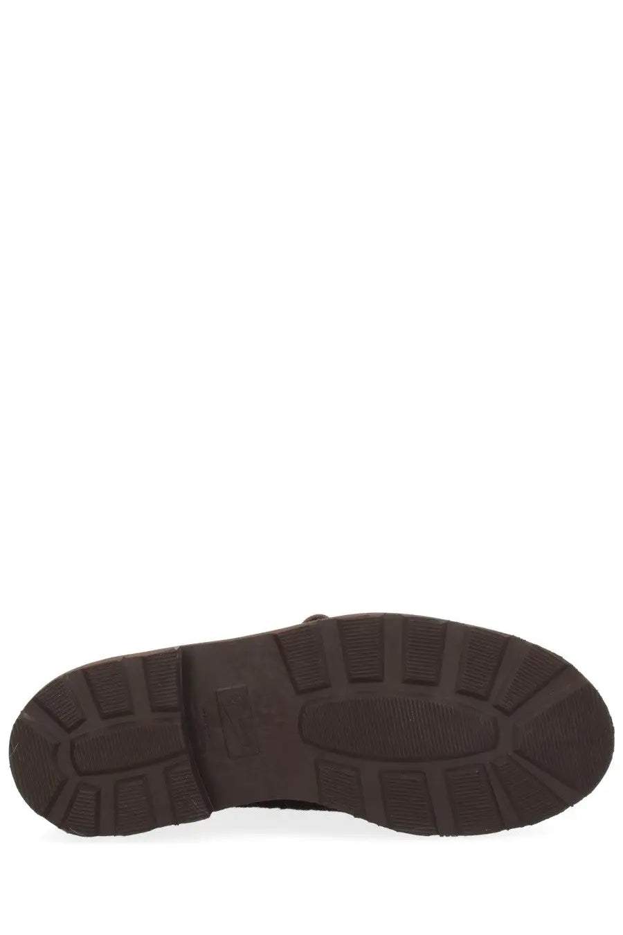 Brown rubber sole with textured blocky tread pattern on paraboot men’s moccasin michael brown shoes