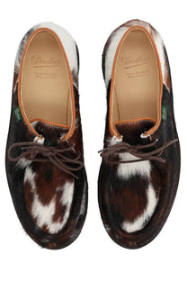 Paraboot men’s moccasin michael brown leather loafers in brown and white cowhide with tan stitching and laces