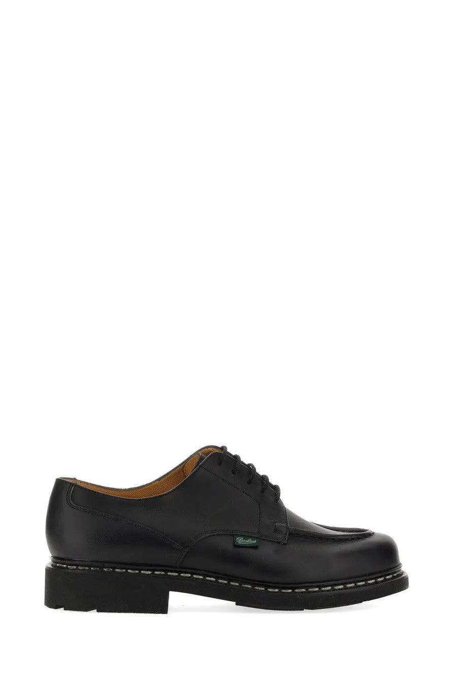 Paraboot men’s stringata chambord black leather derby shoe with classic design and white stitching along the sole