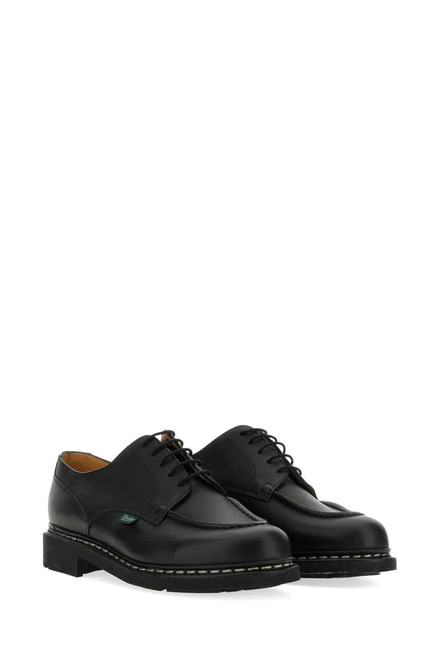 Paraboot men’s stringata chambord black black leather lace-up oxford shoes with white stitching along the sole