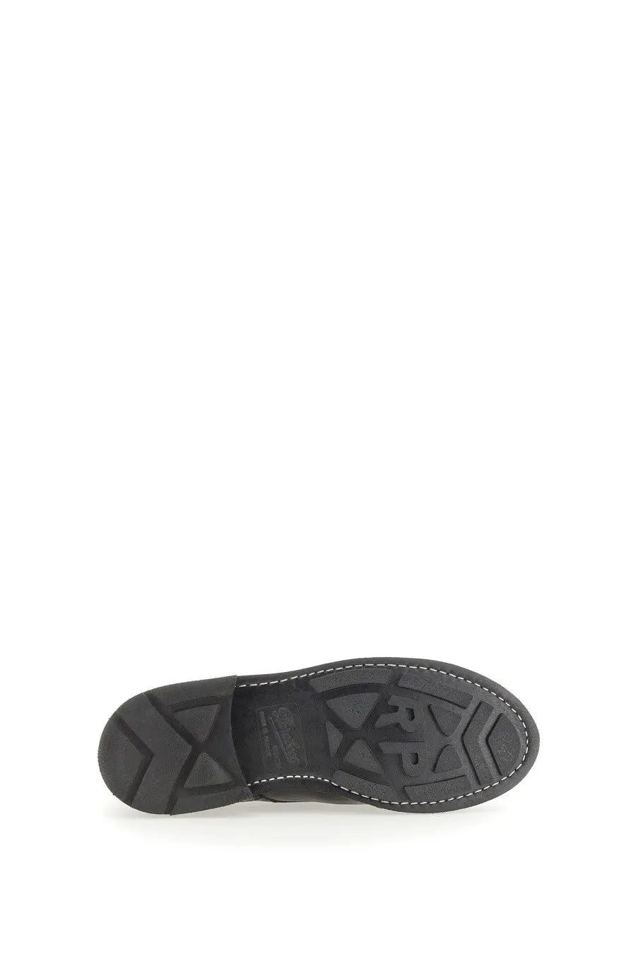 Paraboot men’s stringata chambord black rubber sole with textured geometric tread and white stitching along edge