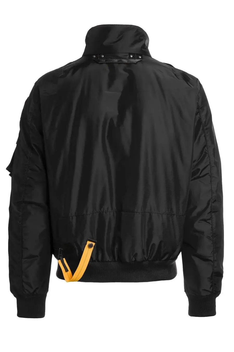 Parajumpers men’s bomber fire black black nylon bomber jacket with high collar and yellow zipper pull at hem