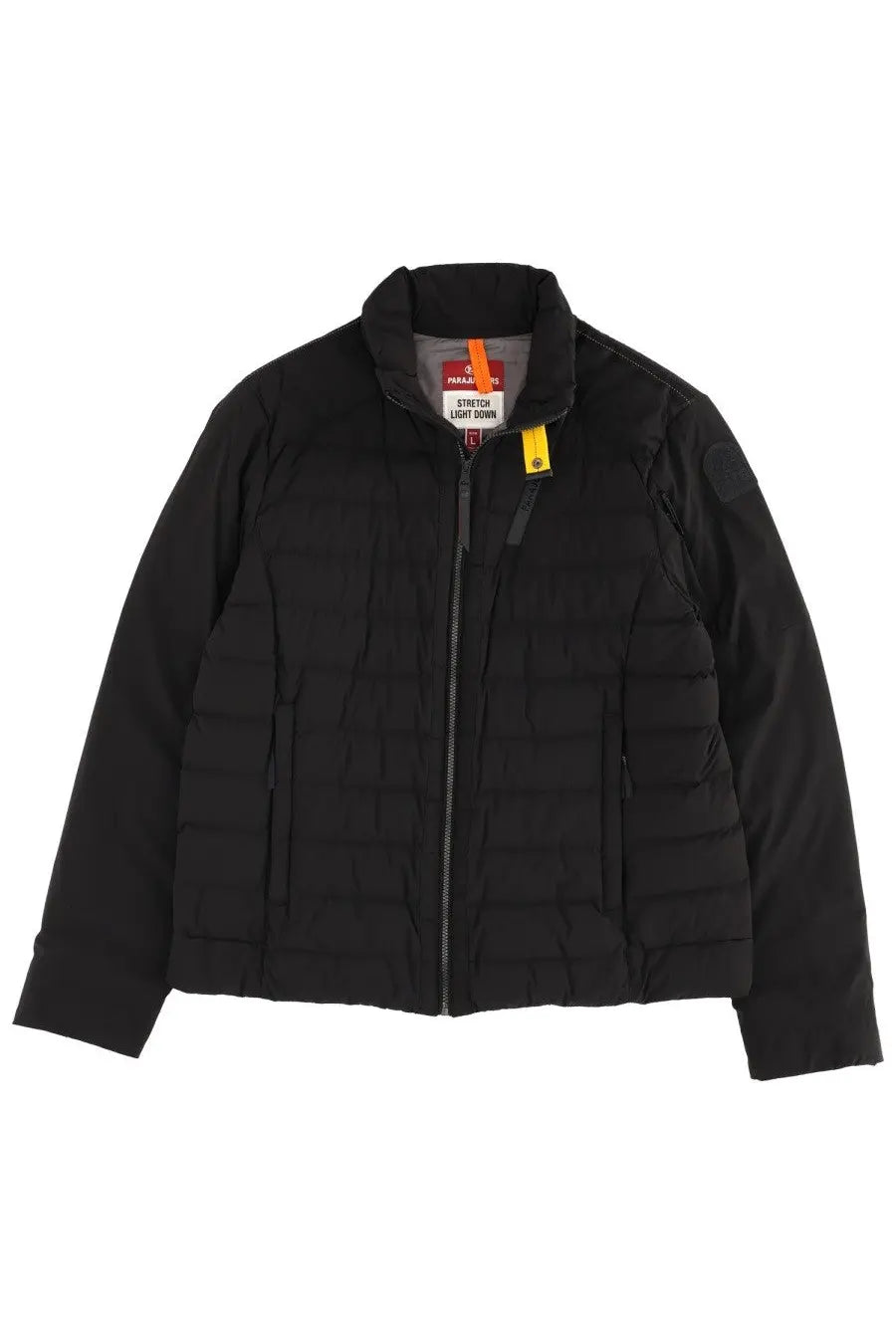 Parajumpers men’s black quilted puffer down jacket berel with stand-up collar front zipper and yellow neckline tags