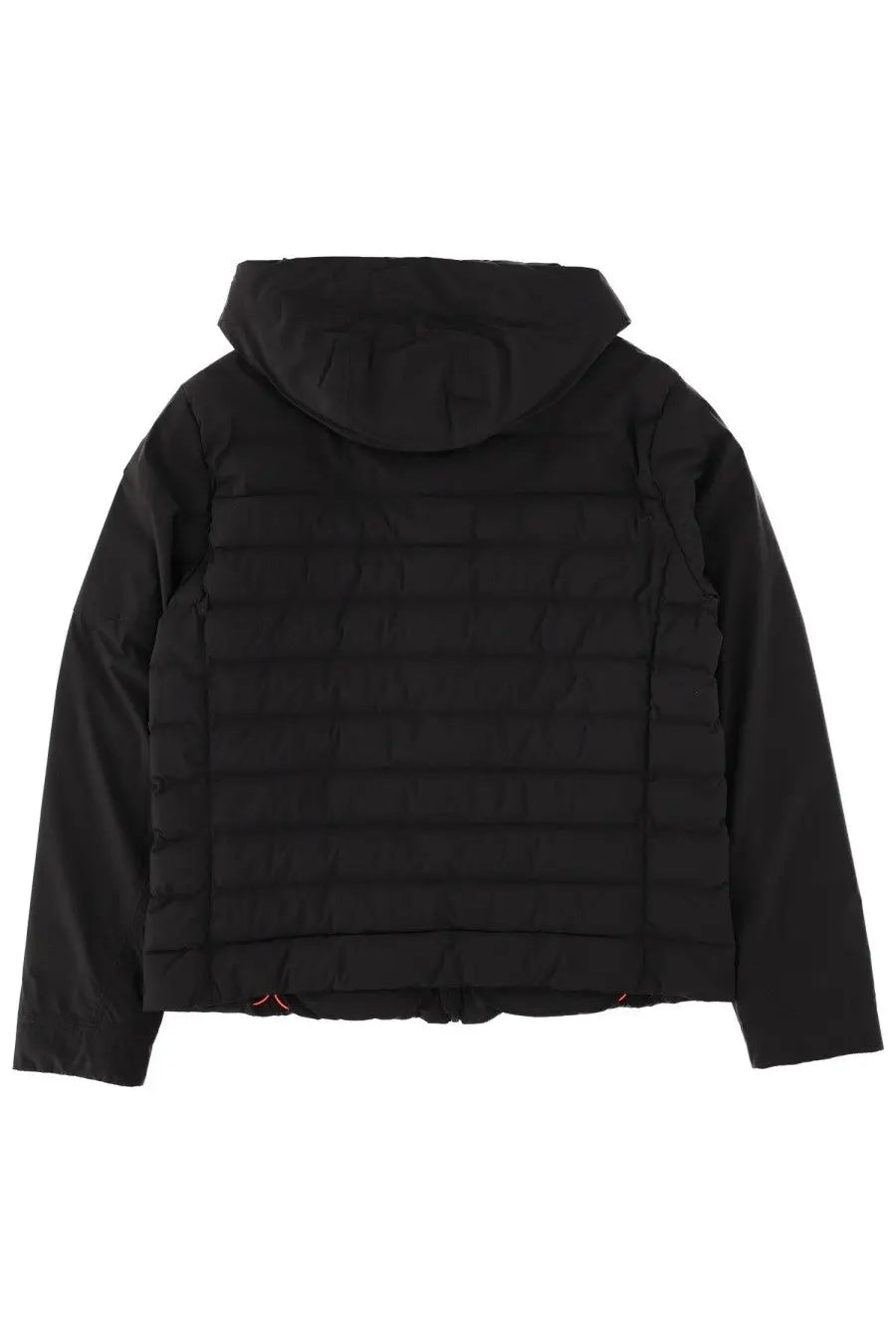 Parajumpers men’s black down jacket colbert with quilted horizontal stitching and subtle red thread accents at hem