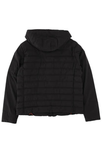 Parajumpers men’s black down jacket colbert with quilted horizontal stitching and subtle red thread accents at hem