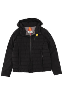 Parajumpers men’s black down jacket colbert with quilted hood, zipper front, and two side pockets