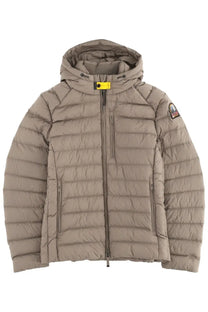 Beige quilted puffer jacket with hood and yellow zipper pull in parajumpers men’s down jacket last minute green