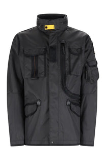 Parajumpers men’s giacca morgan spring black tactical jacket with high collar multiple pockets and yellow branding on neck
