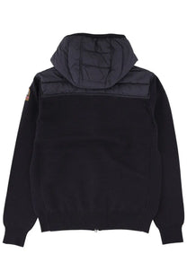 Parajumpers men’s black hooded jacket with quilted paneling and embroidered patch on left sleeve in illuga grey style