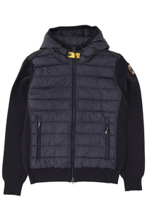 Parajumpers men’s black puffer jacket with quilted chest panel, ribbed cuffs, hem, yellow zipper pull, and sleeve patch