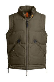 Parajumpers men’s kobuk vest green olive green puffer vest with quilted design, front zipper, and navy leather-like pocket flaps