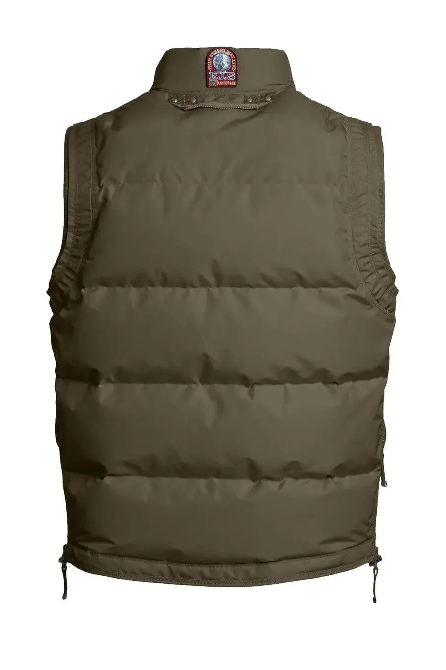 Olive green Parajumpers men’s Kobuk puffer vest with quilted design and branded patch at the collar