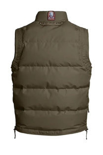 Olive green Parajumpers men’s Kobuk puffer vest with quilted design and branded patch at the collar
