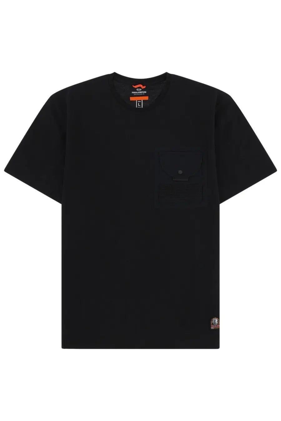Parajumpers men’s black short-sleeved shirt malham con taschino with chest pocket and orange branding tag at collar