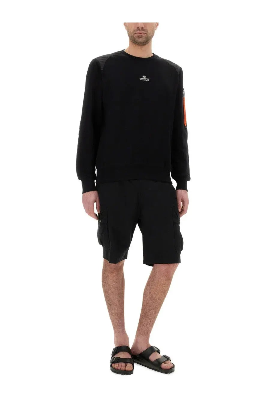 Parajumpers men’s short tuna black sweatshirt with subtle white logo and vertical orange stripe on left sleeve
