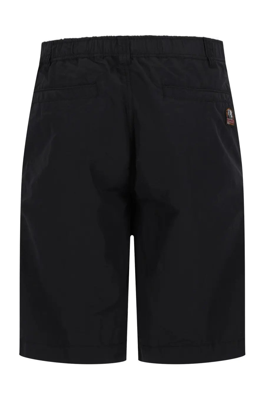 Back view of parajumpers men’s lex black shorts with drawstring waistband two back pockets and embroidered logo patch
