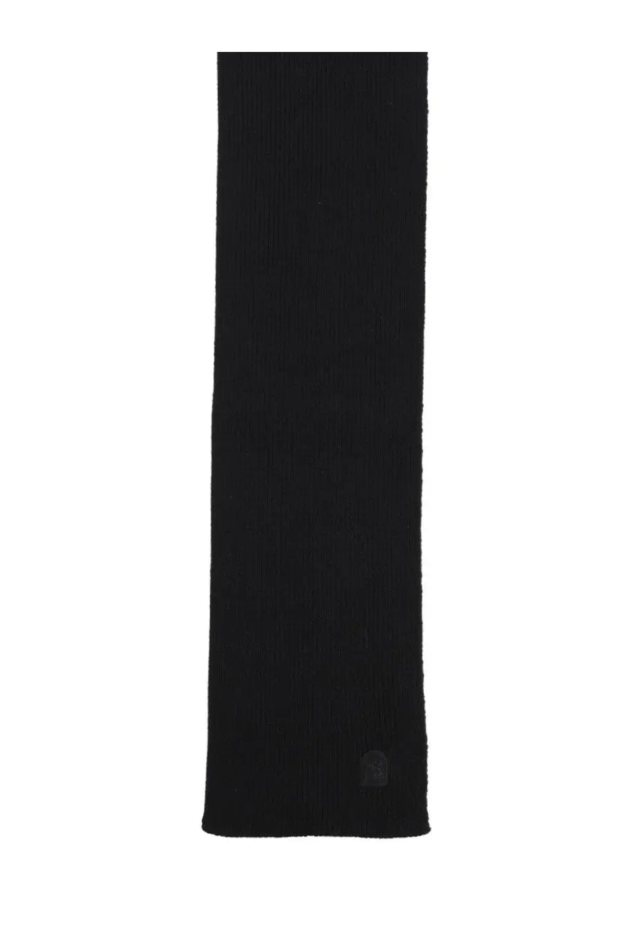 Black knitted parajumpers unisex plain scarf with subtle texture and small embroidered logo at the bottom