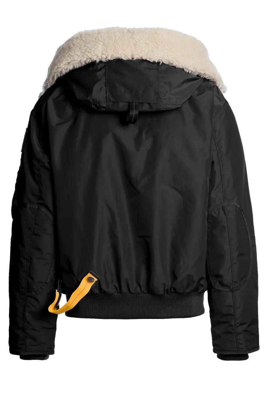 Parajumpers women’s gobi jacket in black bomber style with cream shearling-lined hood and yellow waist drawstring