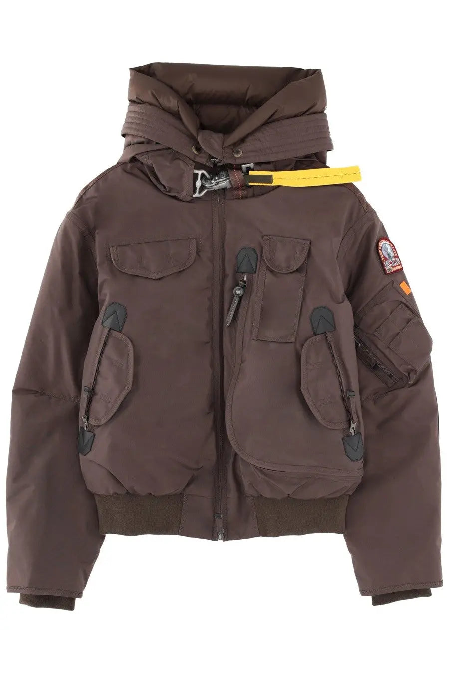 Parajumpers women’s gobi brown hooded puffer jacket with multiple pockets yellow zipper pull and brand patch on sleeve