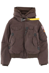 Parajumpers women’s gobi brown hooded puffer jacket with multiple pockets yellow zipper pull and brand patch on sleeve