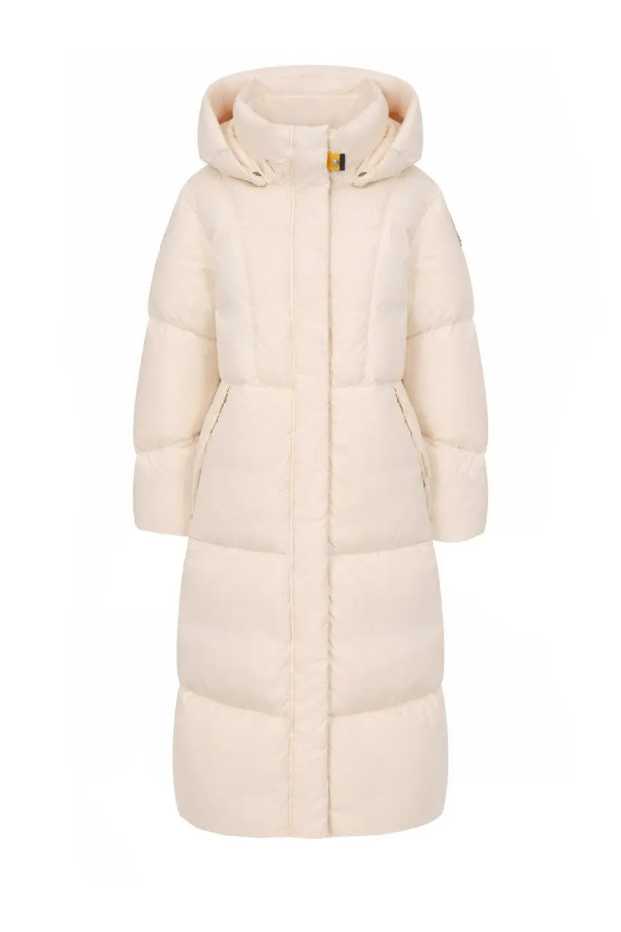 Cream-colored quilted down coat with hood and front pockets from parajumpers women’s long coat liu white collection