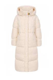 Cream-colored quilted down coat with hood and front pockets from parajumpers women’s long coat liu white collection