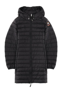 Black quilted hooded puffer coat with subtle sheen and embroidered logo on left shoulder parajumpers women meredith jacket