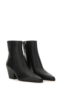Paris Texas women’s black leather ankle boots with pointed toe and block heel shown from the back side