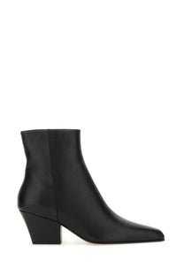 Paris Texas women’s ankle boot jane black black leather pointed toe block heel design visible from front angle