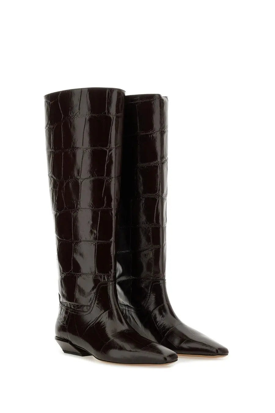 Paris texas women’s boot bettina black dark brown glossy croc-embossed knee-high boot with pointed toe and low block heel