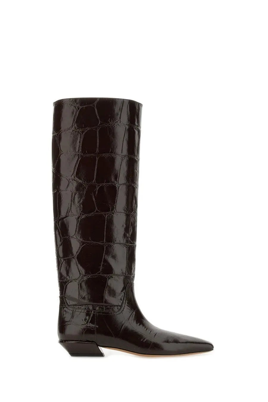 Paris Texas women’s black knee-high boot with glossy crocodile embossing pointed toe and low block heel