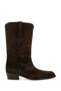 Dark brown suede paris texas women’s boot hilda with stitched decorative strap and low block heel