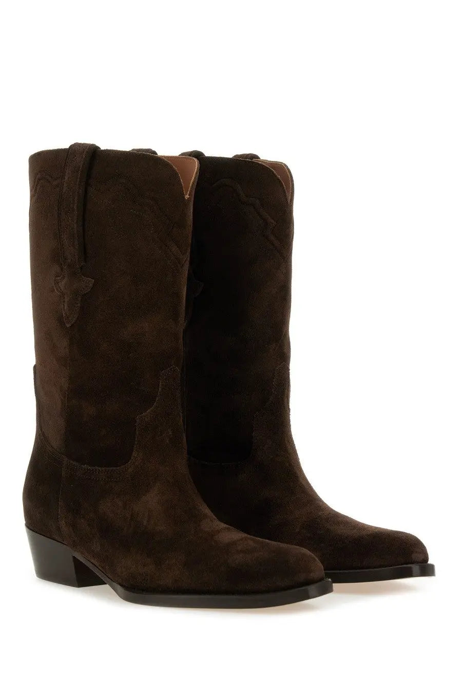 Dark brown suede paris texas women’s boot hilda with subtle texture and low block heel