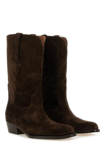 Dark brown suede paris texas women’s boot hilda with subtle texture and low block heel
