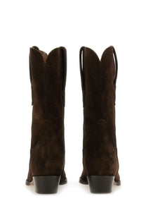 Paris Texas women’s boot Hilda brown brown suede cowboy boots with matte finish and black rubber heels back view