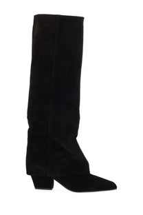 Paris texas women’s black suede knee-high boot jane with block heel and pointed toe for stylish wear