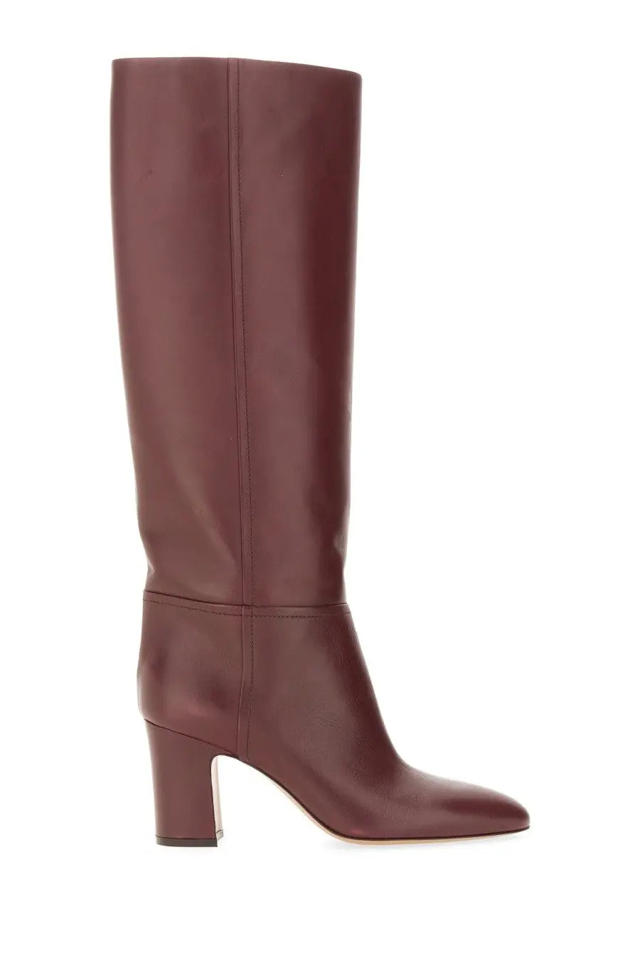 Paris Texas women’s burgundy leather knee-high Lavinia boot with block heel and pointed toe