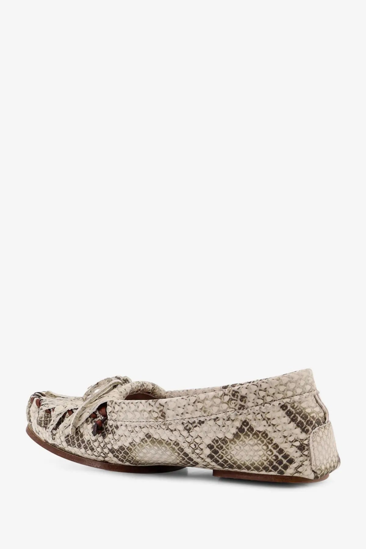 Paris Texas women’s Indiana leather loafers in beige snake print with decorative bow detail at the front