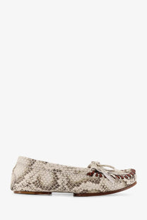 Beige snake-print leather moccasin with brown stitching and a frayed bow from paris texas women’s loafers white collection